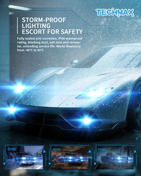 Hella Bright H13 Led Bulbs With Turbo Cooling Fan Wireless H13/9008 Fog Light Kit in stormy weather on a vehicle.