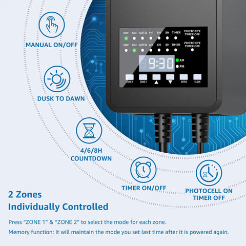 Display panel of Dual Output 300W Low Voltage Landscape Transformer With Timer And Photocell Sensor showing control features.