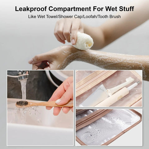 Travel Toiletry Bag With Hanging Hook And Leakproof Wet And Dry Compartments, toothbrush and loofah shown in use