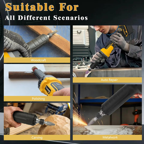 Cordless Die Grinder With 20V Battery Compatibility One Quarter Inch Precision Chuck Four Speed 26000 RPM Brushless Motor For Grinding Woodworking Rust Removal Polishing Bare Tool No Battery Workhorse in various uses like woodworking, auto repair, polishing, carving, and metalwork.