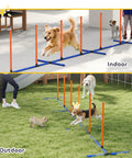 Adjustable Dog Agility Training Equipment For Backyard Courses With Weave Poles Carry Bag And Ground Stakes shown indoors and outdoors