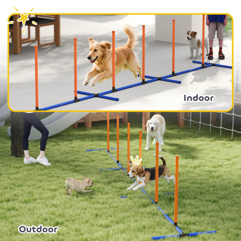 Adjustable Dog Agility Training Equipment For Backyard Courses With Weave Poles Carry Bag And Ground Stakes shown indoors and outdoors
