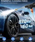 Cordless Portable Handheld Power Washer With Copper Motor pushes killer water pressure at 870 PSI for effective car washing.