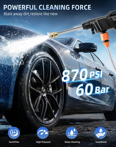 Cordless Portable Handheld Power Washer With Copper Motor pushes killer water pressure at 870 PSI for effective car washing.