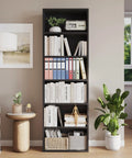 Six Tier Tall Bookcase With Industrial Rustic Wood Look And Open Storage Shelves For Books And Decor Floor Standing Black Finish