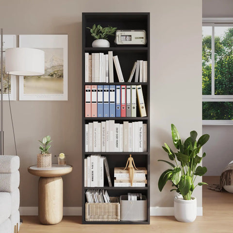 Six Tier Tall Bookcase With Industrial Rustic Wood Look And Open Storage Shelves For Books And Decor Floor Standing Black Finish