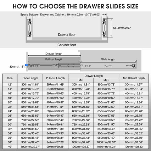 Diagram showing measurements for 1 Pair Built Tough Heavy Duty Locking Drawer Slides 250 Lb Load Capacity Full Extension