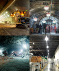 Lit 100W LED Work Light String With 10000 Lumens 100 Ft Run 10 Bulbs illuminating construction and industrial sites