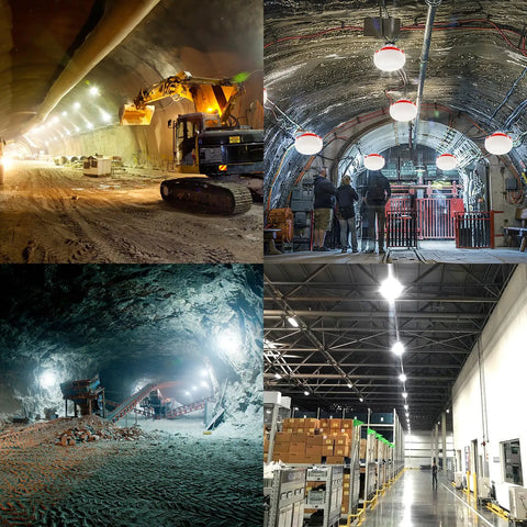 Lit 100W LED Work Light String With 10000 Lumens 100 Ft Run 10 Bulbs illuminating construction and industrial sites
