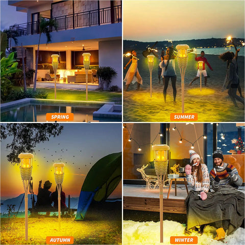 4 Pack Outdoor Solar Torch Lights With Flickering Flame Waterproof Garden Tiki Torches used in all seasons