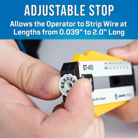Adjustable Precision Wire Stripper For 26-36 AWG Wires with adjustable stop for 0.039 to 2.0 inch strip length, close-up view