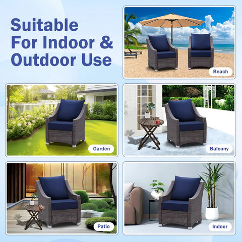 Outdoor Chair Cushions Set Twenty Four By Twenty Four Inch Deep Seat And Twenty Five By Twenty Two And A Half Inch Back Cushion Waterproof Fade Resistant Navy Blue With Ties And Handy Carry Handle For Patio Furniture Built To Last All Weather displayed in various settings including beach, garden, balcony, patio, and indoor.