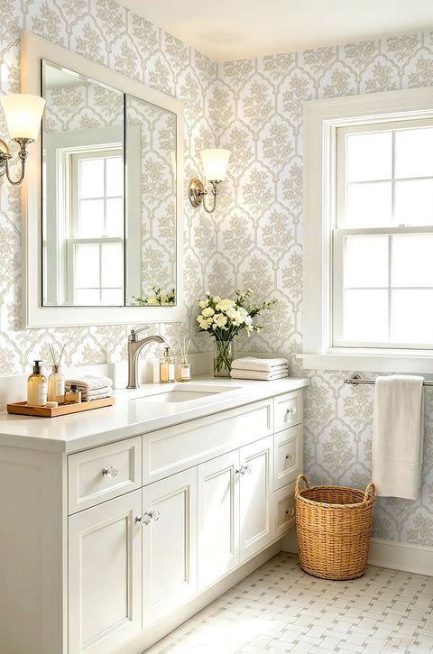 Beige Floral Peel And Stick Wallpaper With Delicate Arched Accents in a styled bathroom with white cabinets and decor.