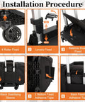 Installation steps for Rolling DJ Cable Bag With Laptop Pocket And Microphone Pocket Gear Case, showing wheel and handle adjustments.