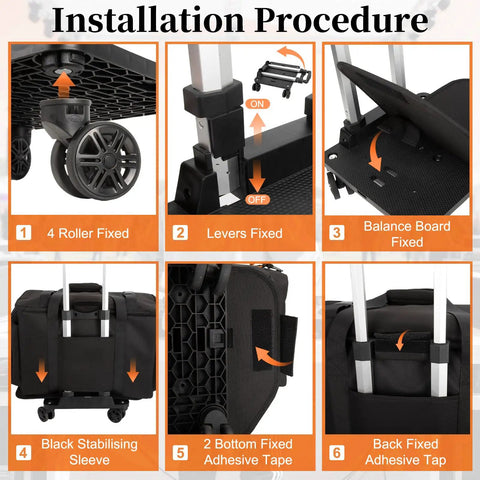 Installation steps for Rolling DJ Cable Bag With Laptop Pocket And Microphone Pocket Gear Case, showing wheel and handle adjustments.
