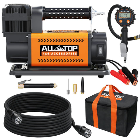 Heavy Duty 12V Portable Air Compressor With Digital Pressure Gauge Tire Inflator Kit, complete kit with air pump, hose, and accessories.