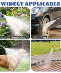 High Pressure Washer Wand With Dual Mode Nozzle Attachments For Garden Hose Power Washing Linear Jet And Wide Fan Spray Hydro Jet Ready For Deep Clean And Wide Area Coverage, shown cleaning garden, car, pet, and floor.