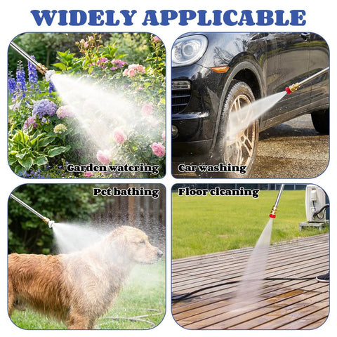 High Pressure Washer Wand With Dual Mode Nozzle Attachments For Garden Hose Power Washing Linear Jet And Wide Fan Spray Hydro Jet Ready For Deep Clean And Wide Area Coverage, shown cleaning garden, car, pet, and floor.
