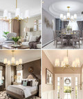5 Light Modern Chandelier With White Fabric Shades, 30-In Brass Gold Pendant Ceiling Light in various rooms.