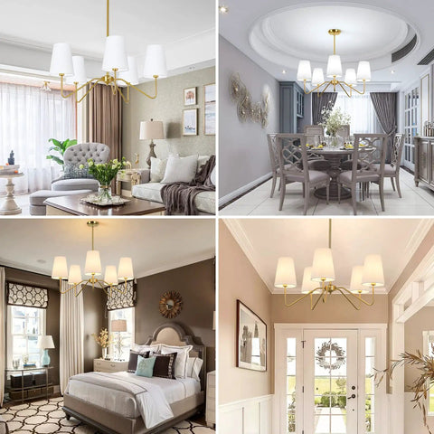 5 Light Modern Chandelier With White Fabric Shades, 30-In Brass Gold Pendant Ceiling Light in various rooms.