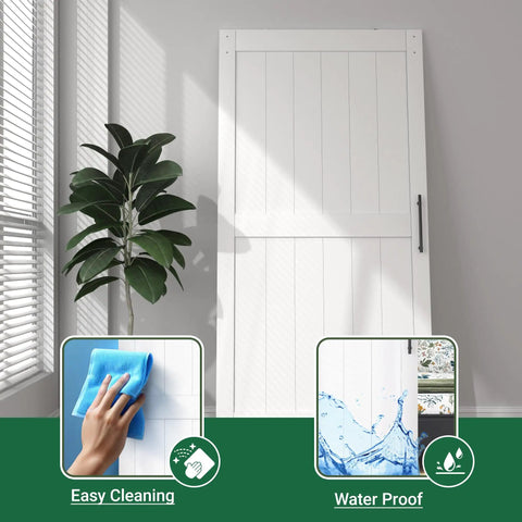 White 30X84 Inches Sliding Barn Door Smooth Rail System showcasing easy cleaning and waterproof features.