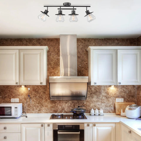 Kitchen with 4 Light Track Lighting Kit in Dark Bronze with Clear Glass Bell Shades, Ceiling Light Fixture for Kitchen and Dining Room, LED Bulb Compatible, No Fuss Install, Modern Farmhouse Look.