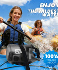 Kayakers paddling with 5L Waterproof Dry Bag for Kayaking and Beach Adventures Stay Dry on Any Splash attached to kayak, water splashing
