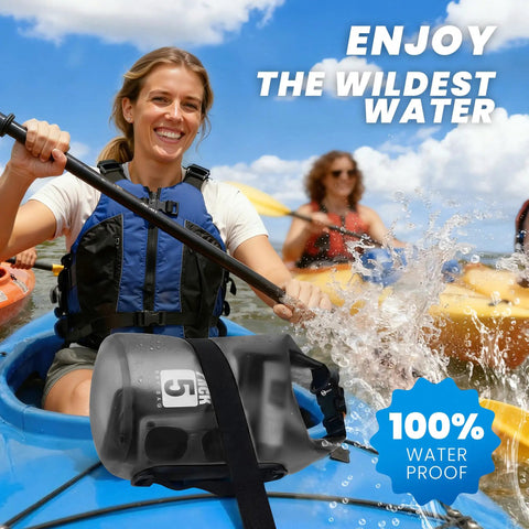 Kayakers paddling with 5L Waterproof Dry Bag for Kayaking and Beach Adventures Stay Dry on Any Splash attached to kayak, water splashing