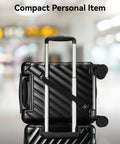 Underseat Carry On Luggage With Spinner Wheels Polycarbonate Hard Shell 17.5 By 12 By 8 Inches Airline Approved 23 Liters Capacity Lightweight Go To Travel Buddy Easy Rolling Shadow Black standing upright with handle extended.