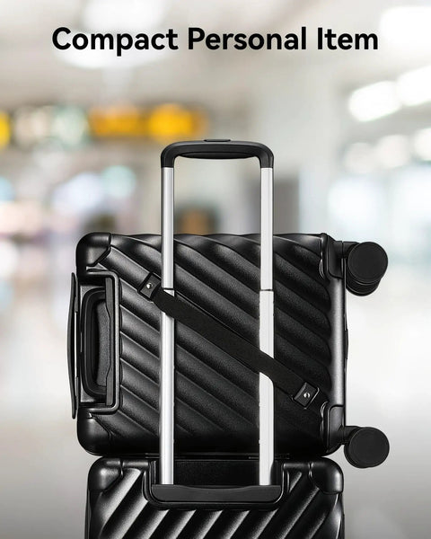 Underseat Carry On Luggage With Spinner Wheels Polycarbonate Hard Shell 17.5 By 12 By 8 Inches Airline Approved 23 Liters Capacity Lightweight Go To Travel Buddy Easy Rolling Shadow Black standing upright with handle extended.