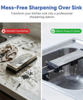 Side-by-side comparison of Sink Bridge Whetstone Holder Heavy Duty Stainless Steel Sharpening Stone Base over sink with water flow.