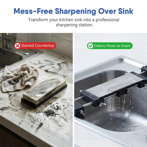 Side-by-side comparison of Sink Bridge Whetstone Holder Heavy Duty Stainless Steel Sharpening Stone Base over sink with water flow.