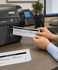 24 Pack Printer Cleaning Card Kit For Zebra Zxp Series 7 shown with long cleaning card being inserted into the printer.