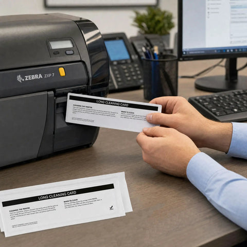 24 Pack Printer Cleaning Card Kit For Zebra Zxp Series 7 shown with long cleaning card being inserted into the printer.