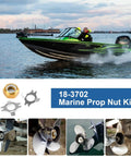 Marine Prop Nut Kit 18-3702 for 35-70 HP outboards with 2 lock washers in use and detail view on Mercury engines 11-69578A1 11-69578T1 11-69578Q