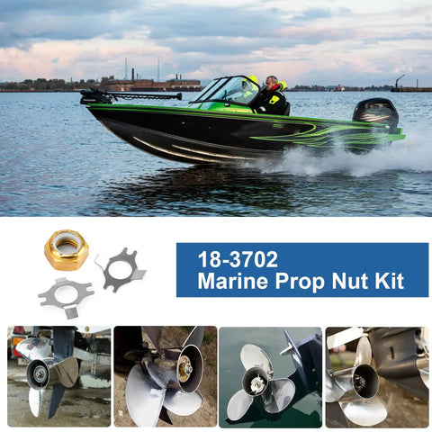 Marine Prop Nut Kit 18-3702 for 35-70 HP outboards with 2 lock washers in use and detail view on Mercury engines 11-69578A1 11-69578T1 11-69578Q