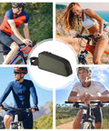 Cyclists riding with Frame Storage Pouch For Cycling Top Tube Bag And Bikepacking Gear, Ride Ready Road Bike Frame Organizer in green.