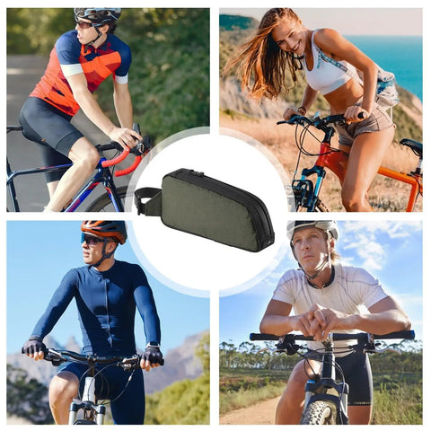 Cyclists riding with Frame Storage Pouch For Cycling Top Tube Bag And Bikepacking Gear, Ride Ready Road Bike Frame Organizer in green.