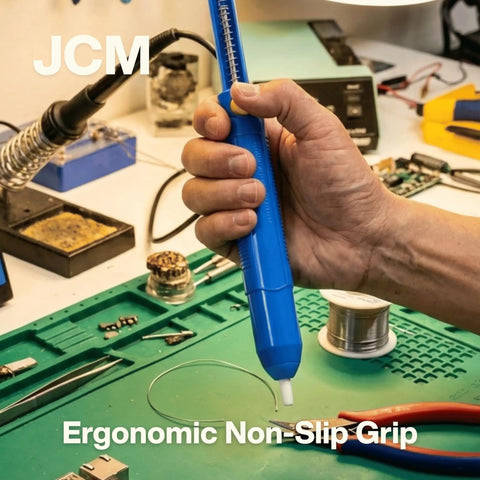 Hand holding Pro Grade Desoldering Pump Solder Sucker With High Power Vacuum Suction And Heat Resistant Nozzle For One Handed Operation Perfect For Electronics Repair And Soldering Irons above circuit board on workbench.