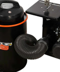 Compact Portable Dust Collector With A Killer 1.48 HP Motor Generating 108 CFM Of Insane Suction showing bin with grip handle and hose.