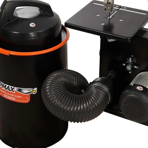 Compact Portable Dust Collector With A Killer 1.48 HP Motor Generating 108 CFM Of Insane Suction showing bin with grip handle and hose.