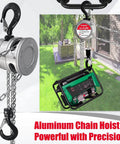 Manual Chain Hoist 0.25 Ton 550 Lbs Capacity 10 Foot Lift 360 Degree Rotatable Chain Block With Dual Safety Hooks displayed outdoors