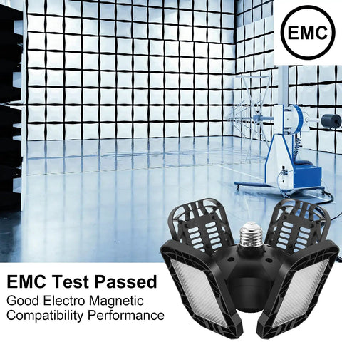 2 Pack 60W Garage Light 4 Panel LED Ceiling Fixture 6500K Daylight, 12000LM High Lumen Output in EMC test environment