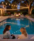 Backyard with pool illuminated by 100 Ft Outdoor String Lights With Waterproof G40 Shatterproof LED Bulbs Dimmable and Connectable Globe Lighting