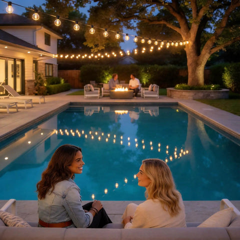 Backyard with pool illuminated by 100 Ft Outdoor String Lights With Waterproof G40 Shatterproof LED Bulbs Dimmable and Connectable Globe Lighting