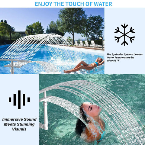 Dual Layer Pool Fountain For Above Ground And Inground Pools With Hyperbolic Water Arcs Delivers 3x Water Volume 2x Cooling Coverage Cools By 36 To 42 F Chiller Aerator Waterfall Sprinkler Accessory For A Decked Out Backyard Splash installed next to a swimming pool, showcasing hyperbolic water arcs and poolside relaxation.