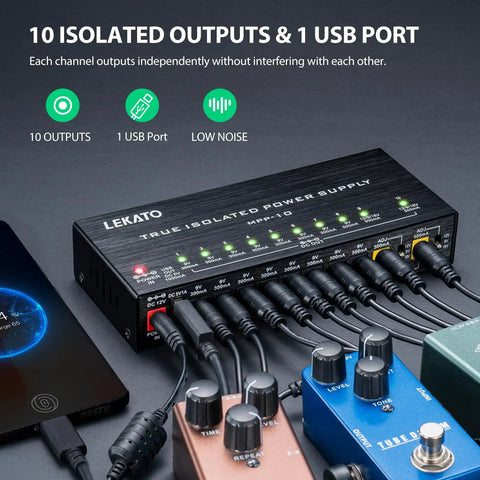 True Isolated Guitar Pedal Power Supply With Ten Outputs Quiet Noise Free Rig Power 9V 12V And 18V DC Options USB Port Short Circuit Protection