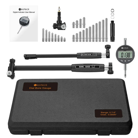 Digital Dial Indicator Bore Gauge Set With 0.7 To 6 Inch Range And 6 Inch Depth, 0.0005 Inch Precision, Includes 23 Anvils
