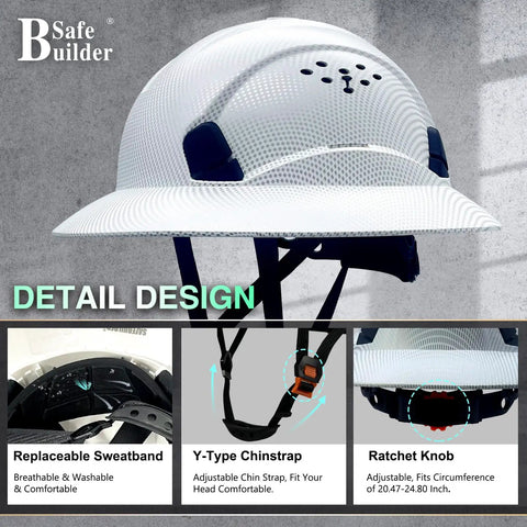 Full Brim Hard Hat With Vented Design Adjustable Fit Lightweight Construction Safety Helmet With Sunshade Built For The Job Site Industrial Head Protection ANSI Approved All Day Comfort with replaceable sweatband and adjustable chinstrap.