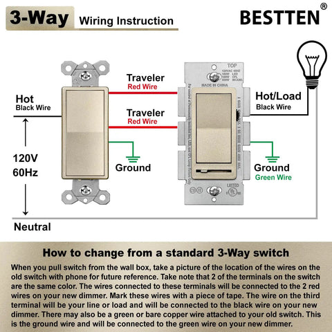 3-way wiring instruction for Matte Brown Dimmer Switch Pack Of 10 For Single Pole Or 3 Way Install, LED CFL Compatible